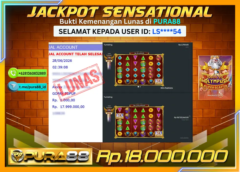 PURA88 JACKPOT GATES OF OLYMPUS SUPER SCATTER Rp 18.000.000,- LUNAS